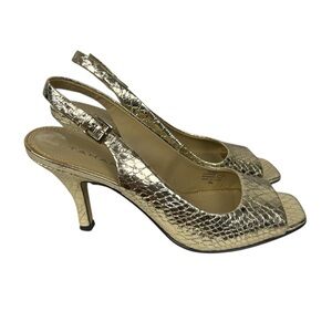 TAHARI Snake Skin Embossed Open Toe ‘Robin’ Slingback Heels, Gold, Size 8